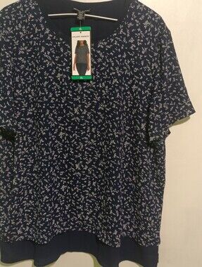 Hilary Radley Navy White Floral Office Work Wear Capsule mature XL Short Sleeve